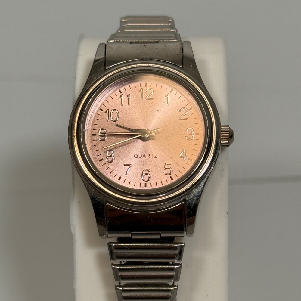 Silver Stretch Band Watch with Rose Pink Dial New Battery